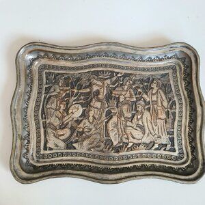 Handmade vintage/antique 1900s Middle Eastern silver color metal on copper tray.